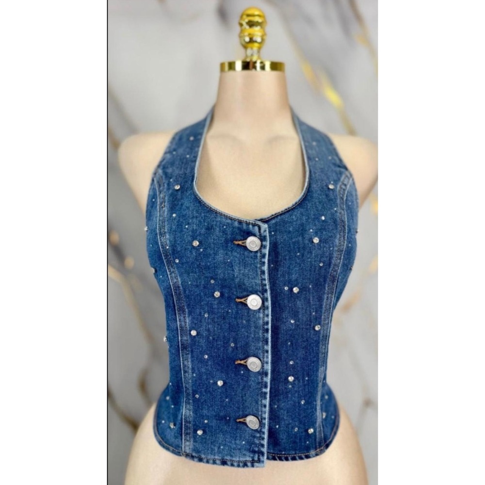 Lizette Collection Rhinestone Denim Halter Top Vest Medium Wash Blue